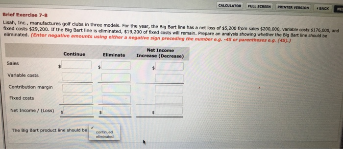  CALCULATOR FULL SCREEN PRINTER VERSION BACK Brief Exercise 7-8 Lisah, Inc.,