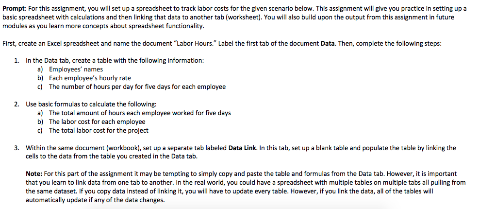 Prompt: For this assignment, you will set up a spreadsheet to