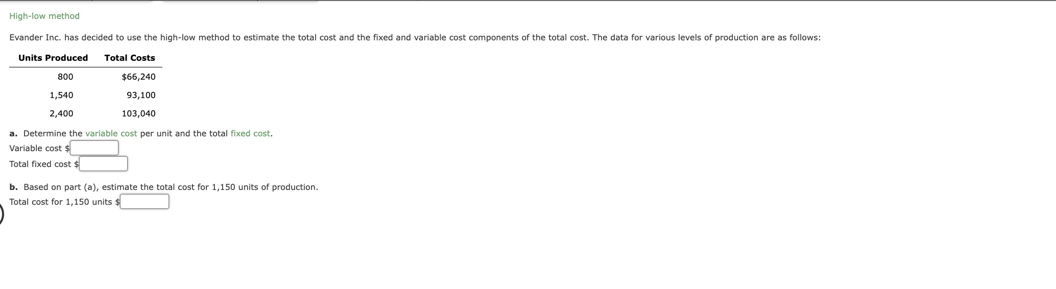  High-low method Evander Inc. has decided to use the high-low method