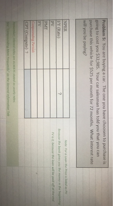 (Rate) PV PMT FV Compounding Periods CPT (Compute)? Problem 4: You have