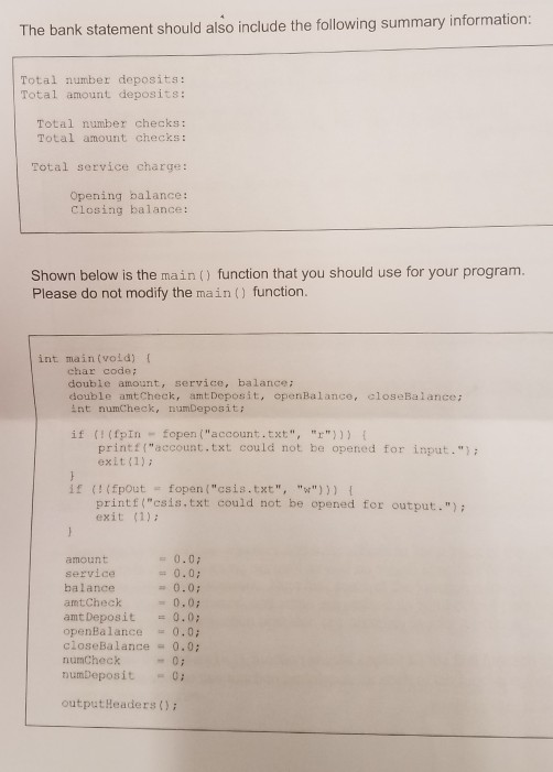 details of a monthly checking account and outputs a bank statement summarizing