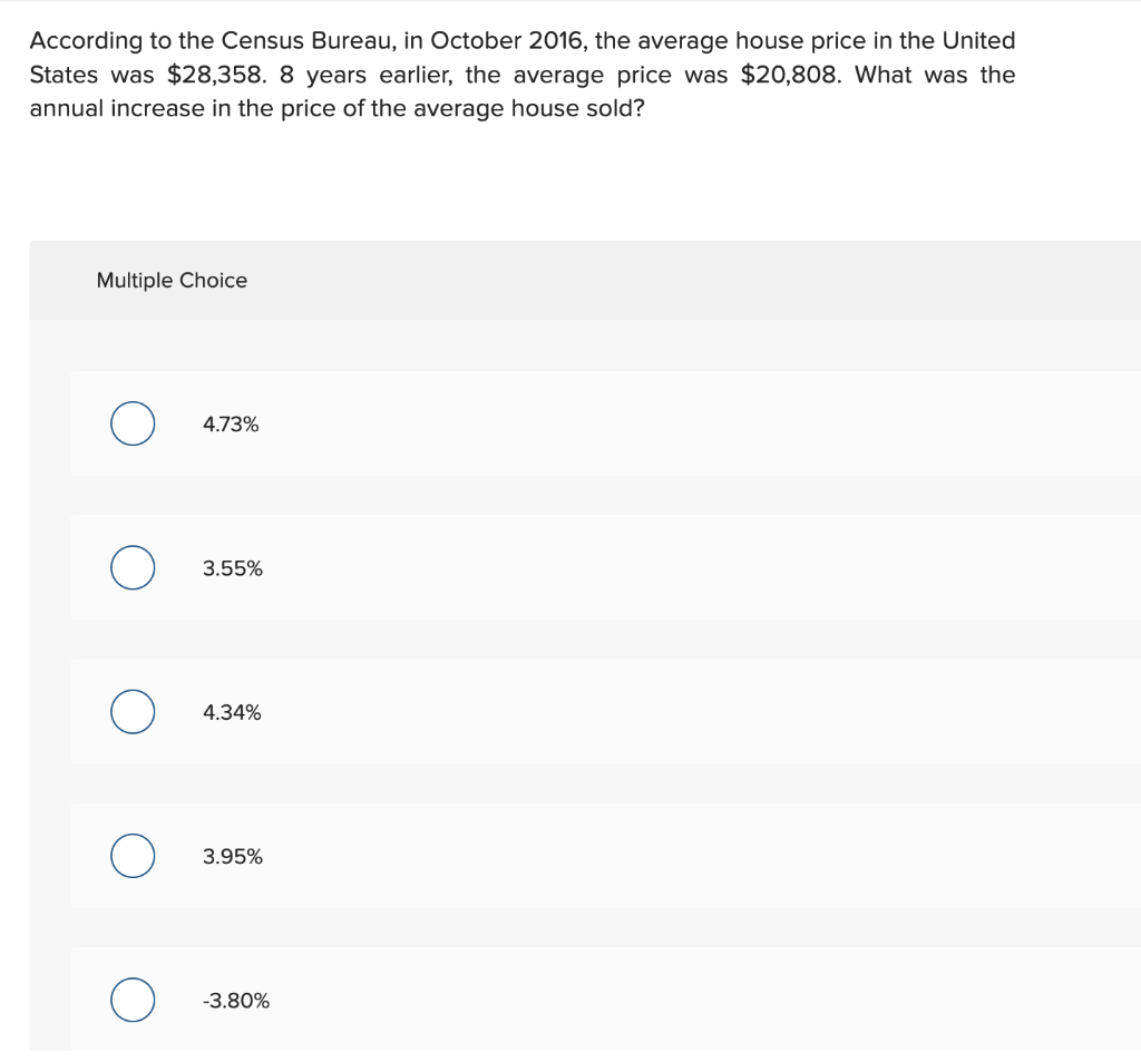  According to the Census Bureau, in October 2016, the average house