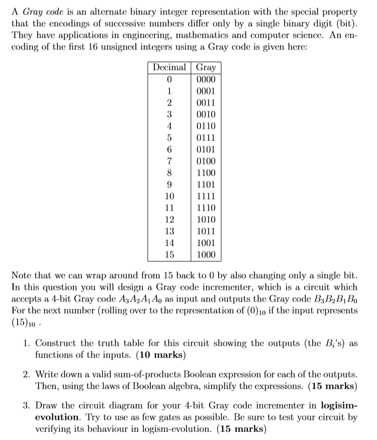  A Gray code is an alternate binary integer representation with the
