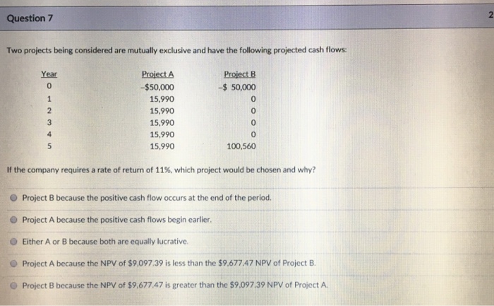  Two projects being considered are mutually exclusive and have the following