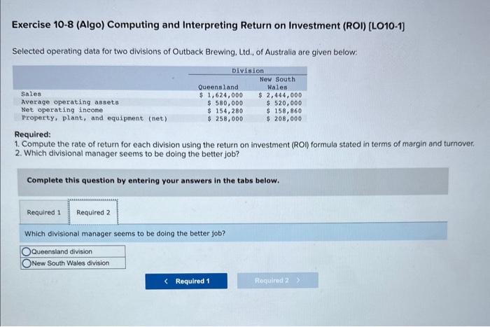 Selected operating data for two divisions of Outback Brewing, Ltd., of Australia