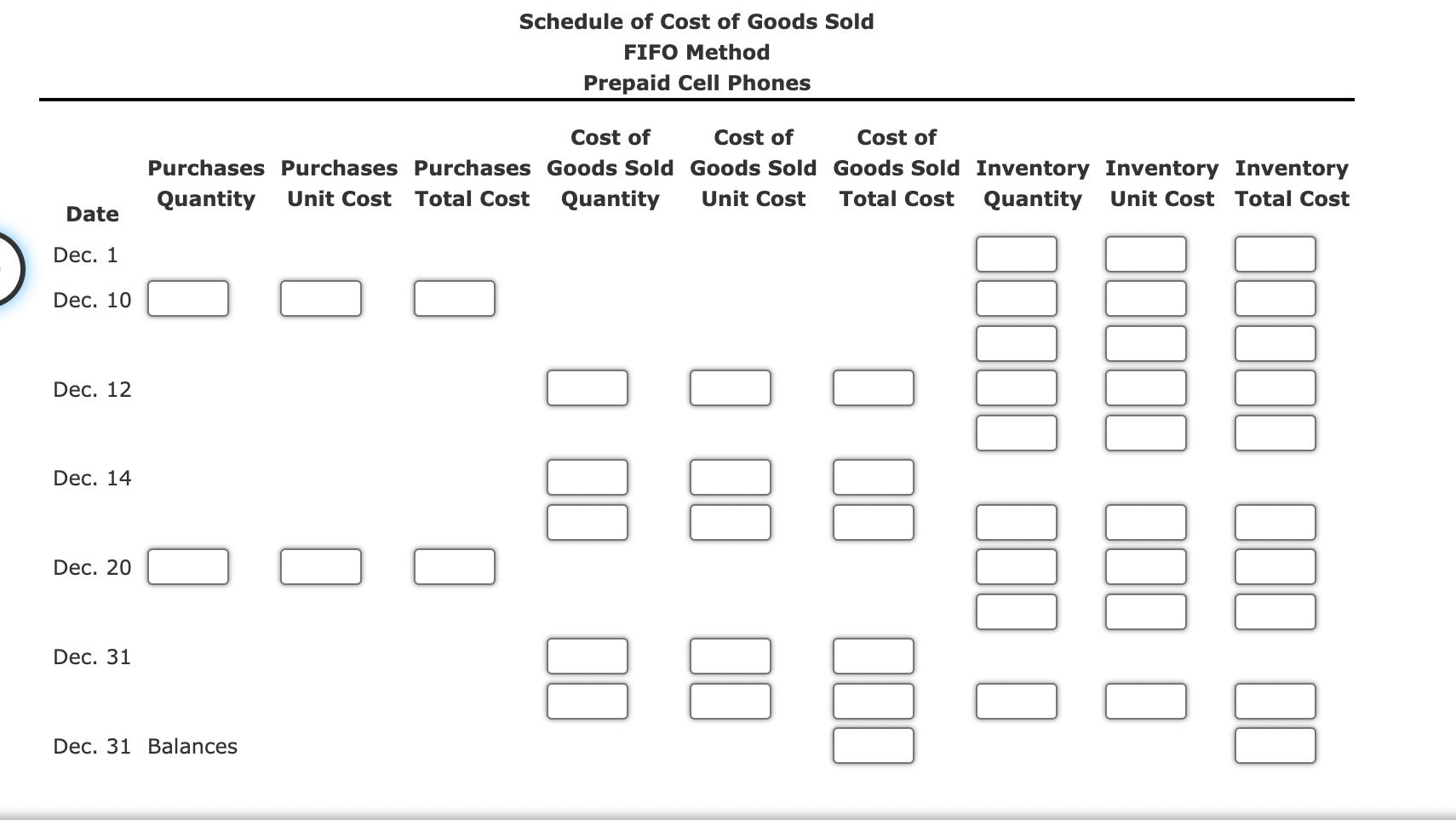 data for prepaid cell phones for December are as follows: Assume that