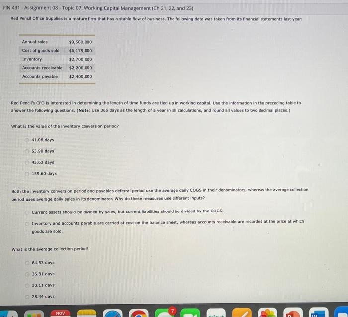  N 431 - Assignment 08 - Topic 07: Working Capital Management