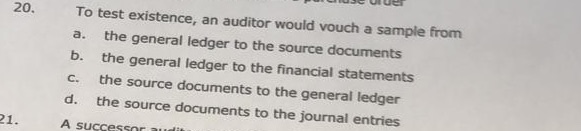 To test existence, an auditor would vouch a sample from a.