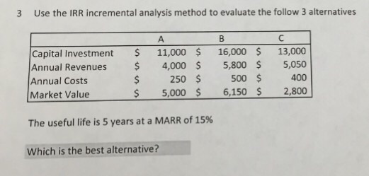  Use the IRR incremental analysis method to evaluate the follow 3