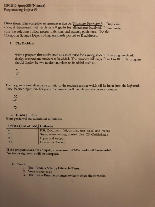  Need a c++ program CSC1610 Spring 2019 (Noonan) Programming Project #3