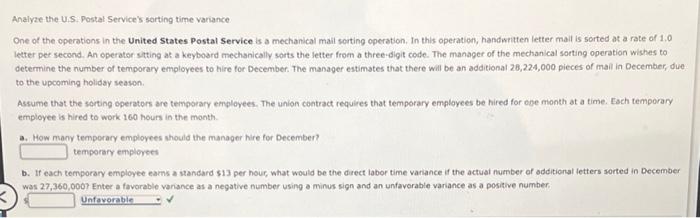  Analyze the U.S. Postal Service's sorting time variance One of the