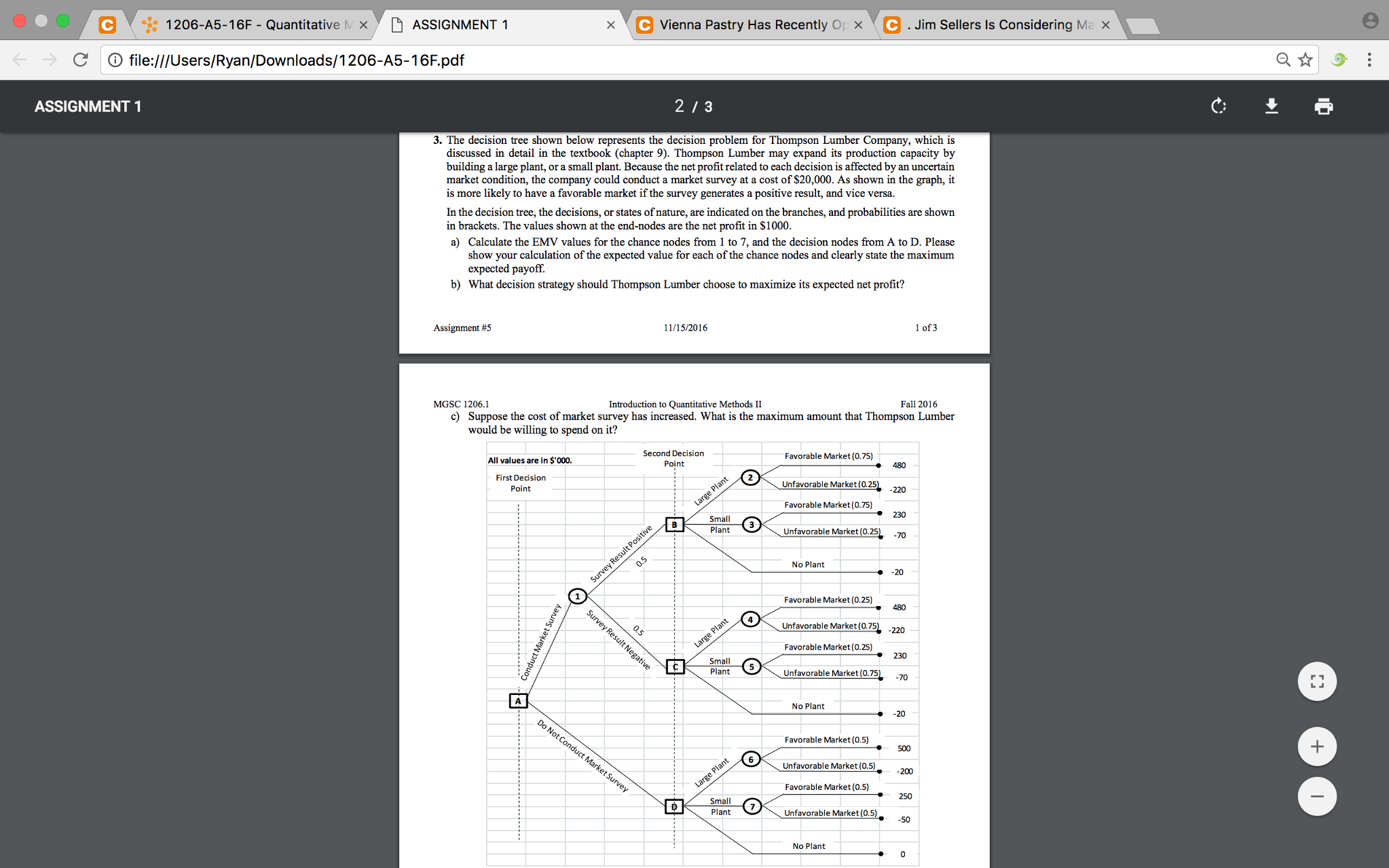  The decision tree shown below represents the decision problem for Thompson