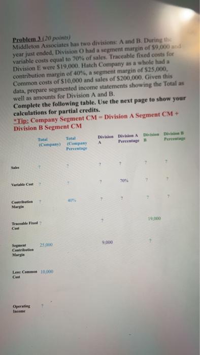 3 (20 points) Middleton Associates has two divisions: A and B. During