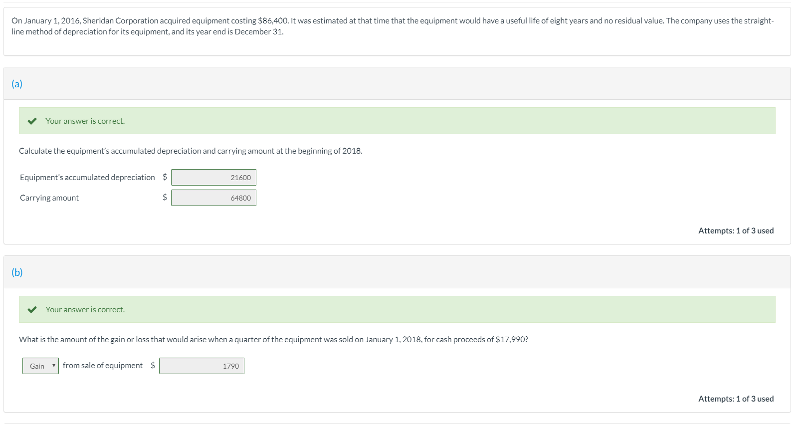 1, 2018, to October 31, 2018? Depreciation expense $ 6750 Attempts: 1