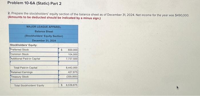 10-6A (Static) Record equity transactions and prepare the stockholders' equity section (LO10-2,