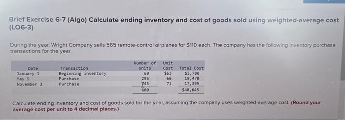 565 remote-control airplanes for $110 each. The company has the following inventory