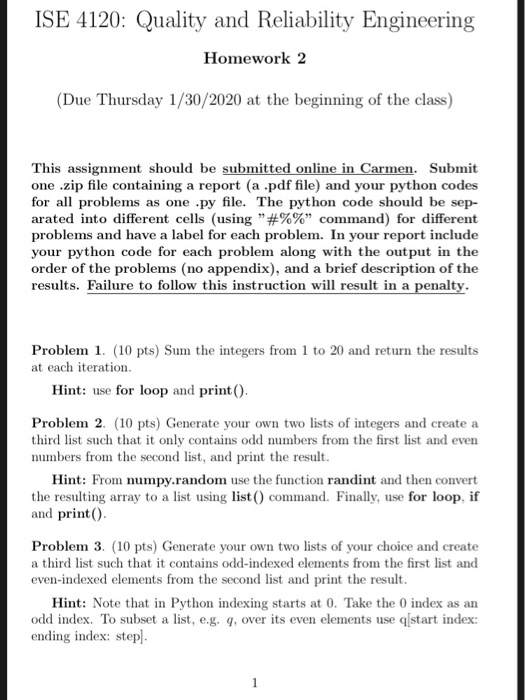  Python Homework ISE 4120: Quality and Reliability Engineering Homework 2 (Due