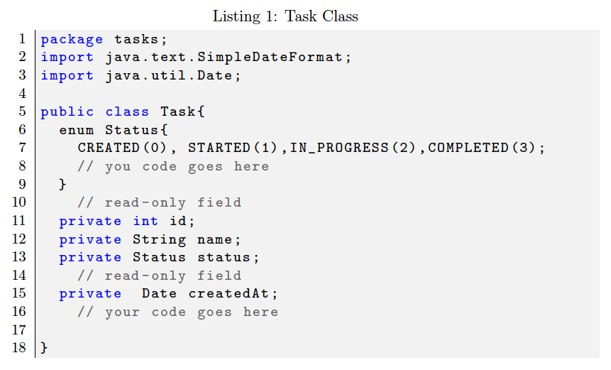  Given the following startup code of Java classes: Listing 1: Task