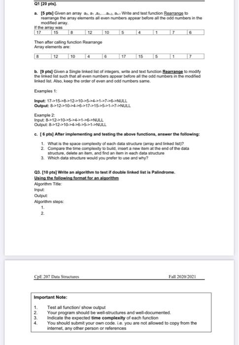  Q1 (20 pts) a. [5 pts] Given an array as a