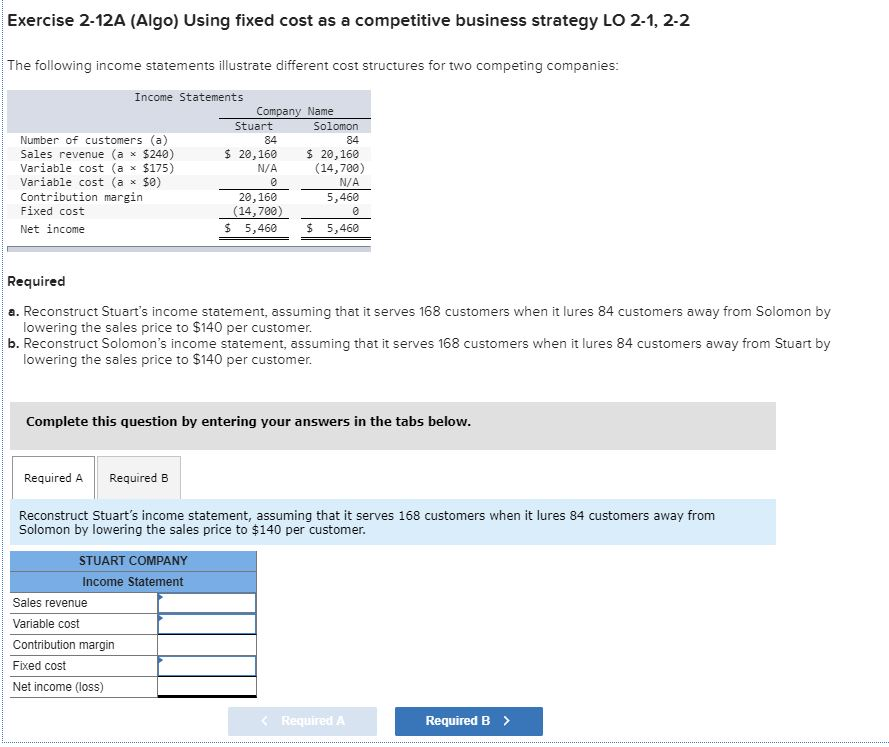 Help please ! Accounting Exercise 2-12A (Algo) Using fixed cost as a