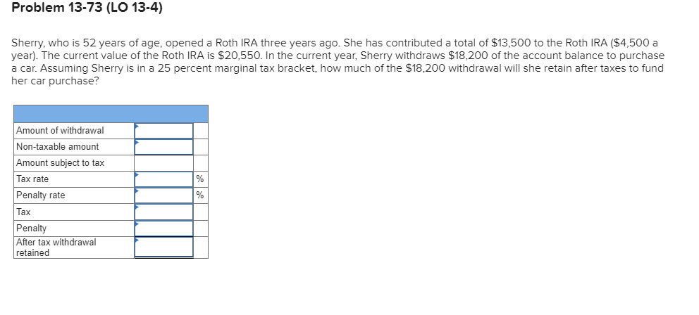  Problem 13-73 (LO 13-4) Sherry, who is 52 years of age,