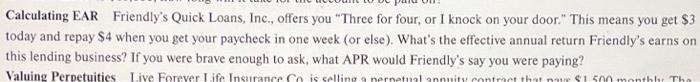  Calculating EAR Friendly's Quick Loans, Inc., offers you "Three for four,