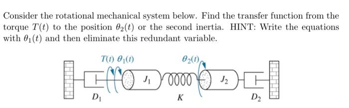  Consider the rotational mechanical system below. Find the transfer function from