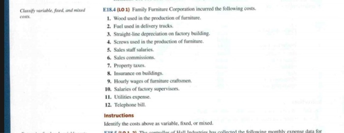  Classify variable, fixed and mixed costs E18.4 (LO 1) Family Furniture