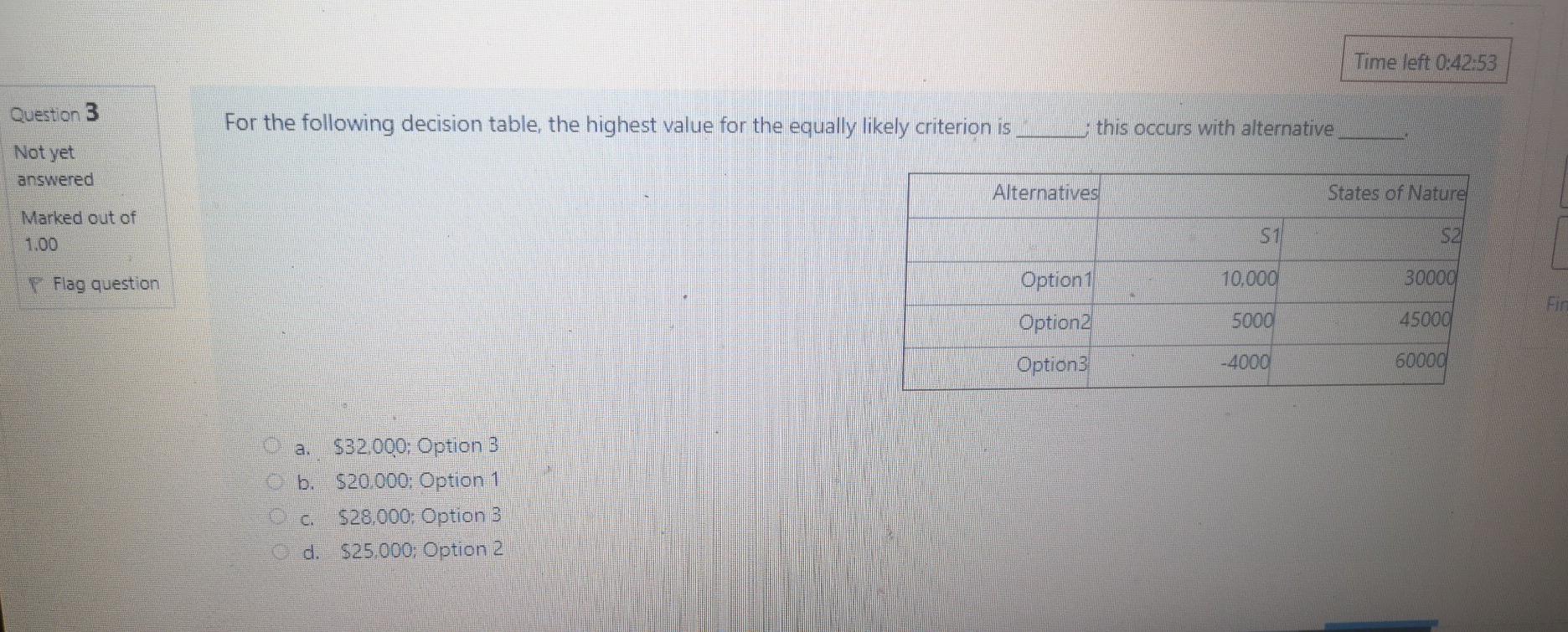  Time left 0:42:53 Question 3 For the following decision table, the