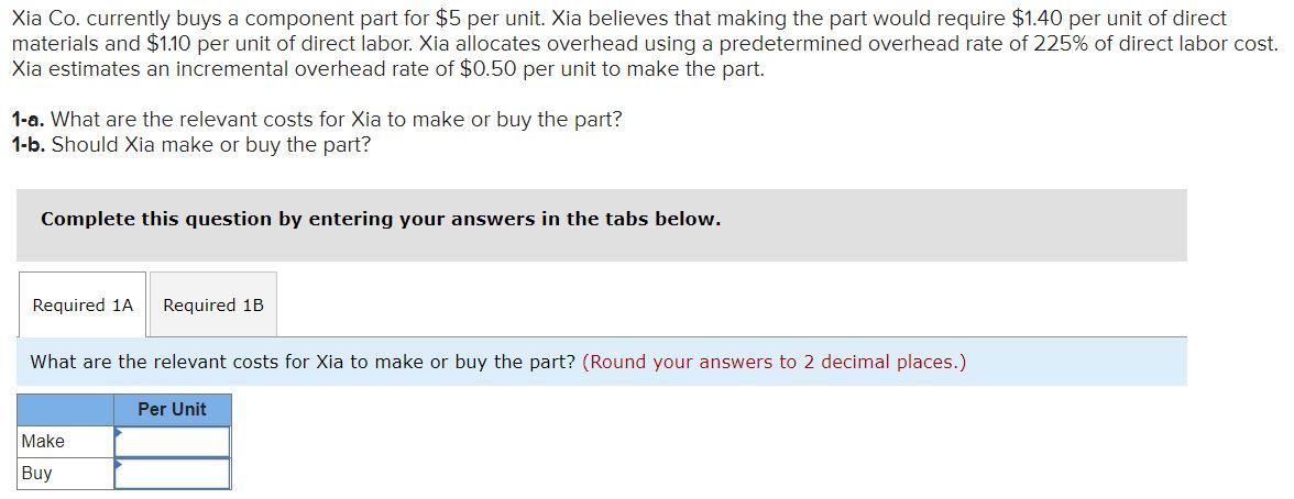 Xia Co. currently buys a component part for $5 per unit.