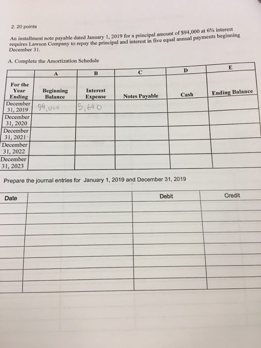  2. 20 points An installment note payable dated January 1, 2019