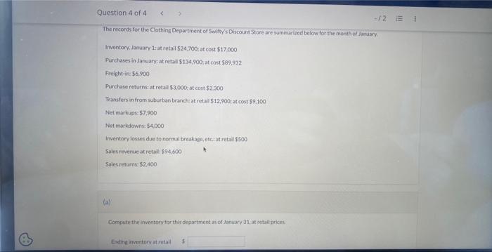 please solve for ending inventory at retail The records for the Ciothing