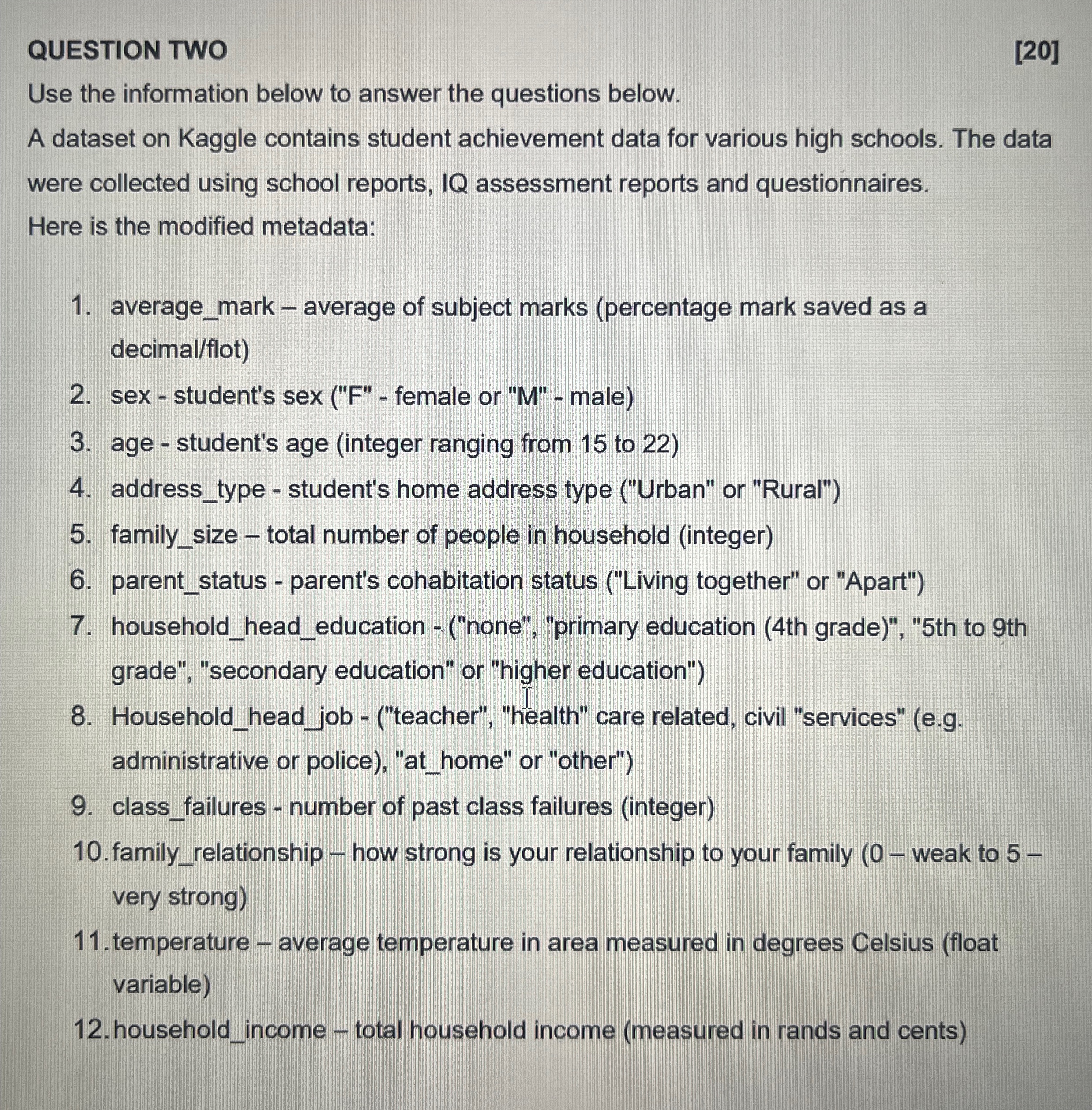  QUESTION TWO 20 Use the information below to answer the questions