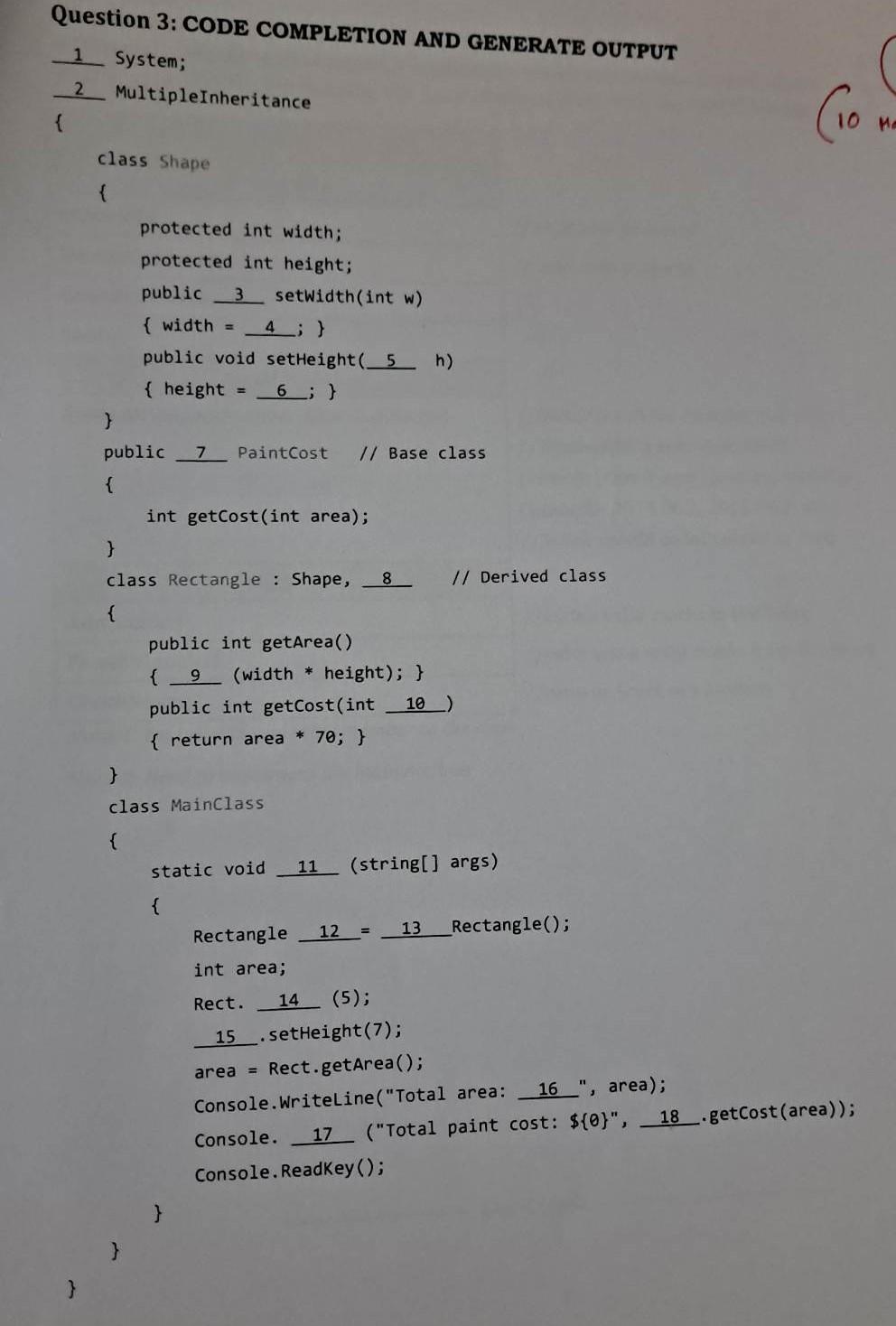 C# programming: Please Fill in the Blanks Question 3: CODE COMPLETION AND