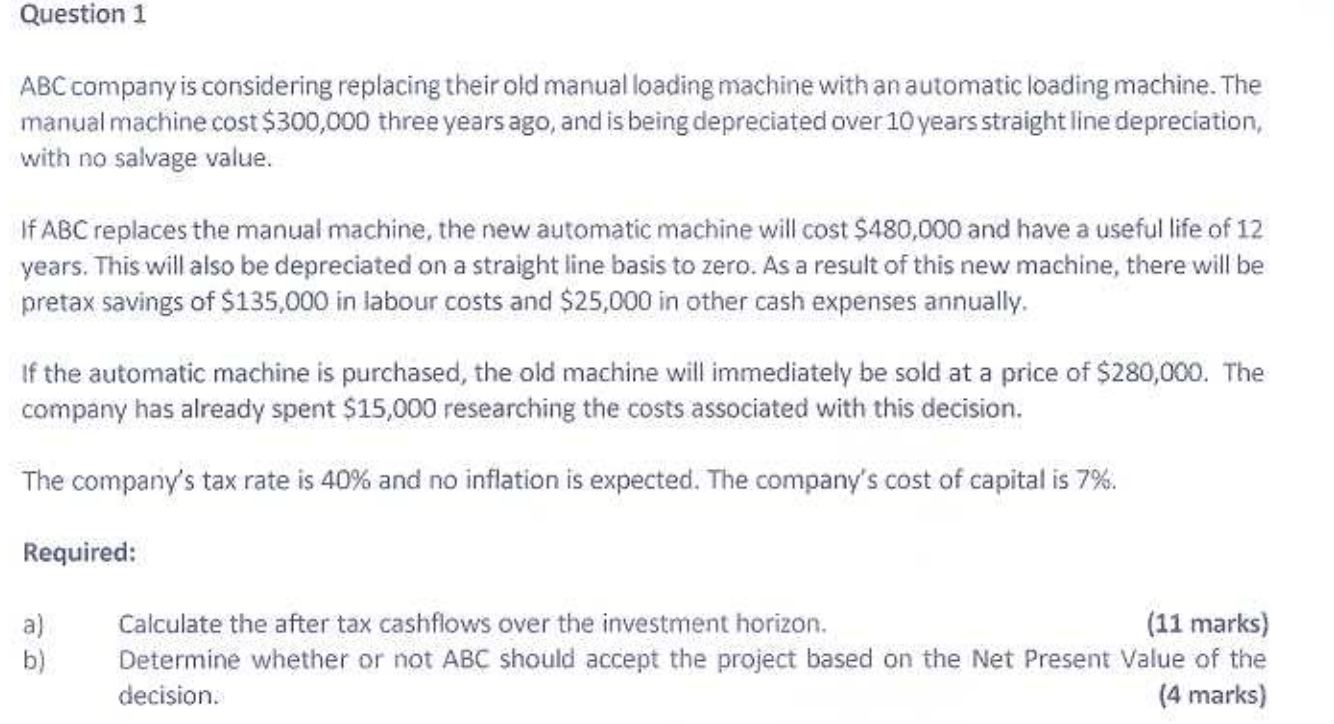 ABC company is considering replacing their old manual loading machine with