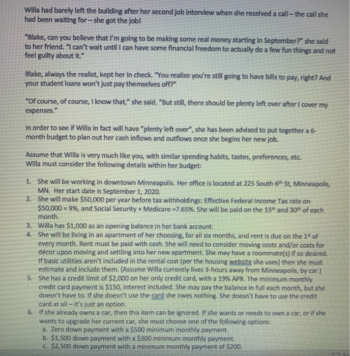 I need help making a budget for Willa using the Microsoft spread