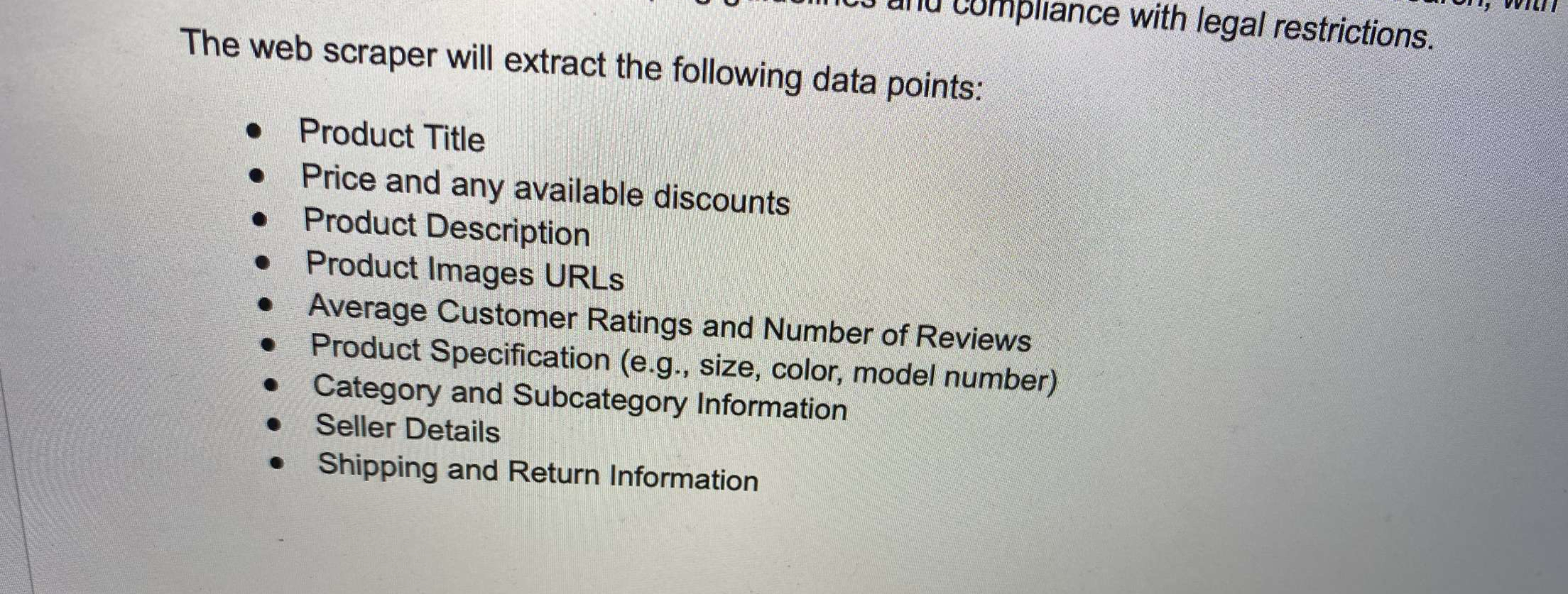  The web scraper will extract the following data points: Product Title