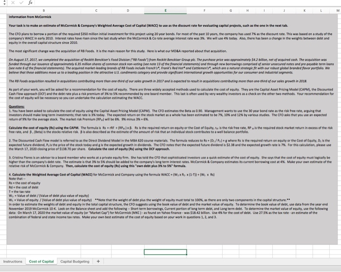 make an estimate of McCormick & Company's Weighted Average cost of Capital