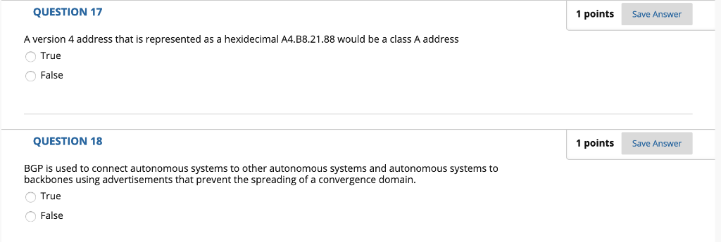network protocol 2 QUESTION 17 1 points Save Answer A version 4