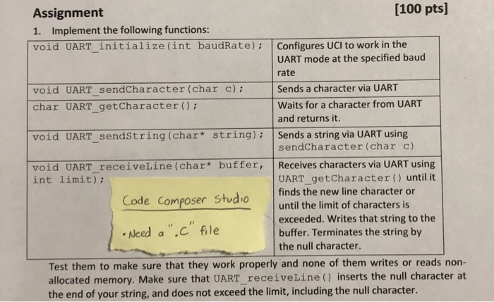  [100 pts] Assignment 1. Implement the following functions: void UART initialize