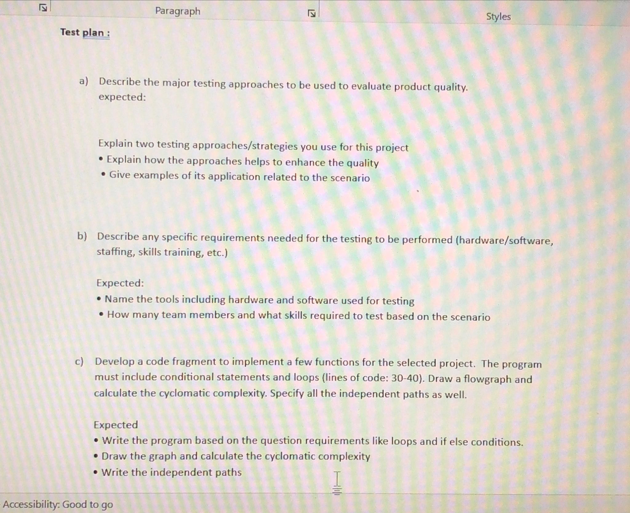  y2 Paragraph y2 Styles Test plan : a) Describe the major