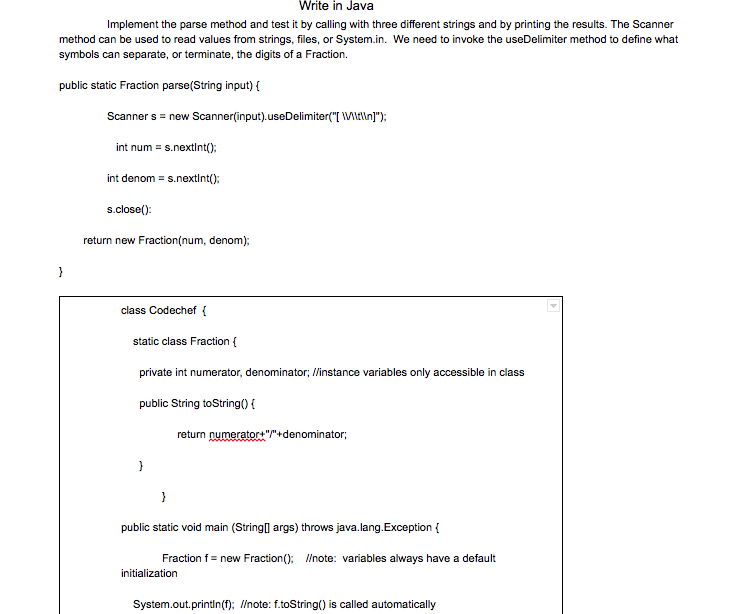  Write in Java Implement the parse method and test it by