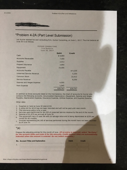  Problem 4-2A (Part Level Submission) Len Kumar started his own consulting