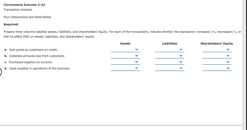 Cornerstone Exercise 2-22 Transaction Analysis Four transactions are listed below. Required: