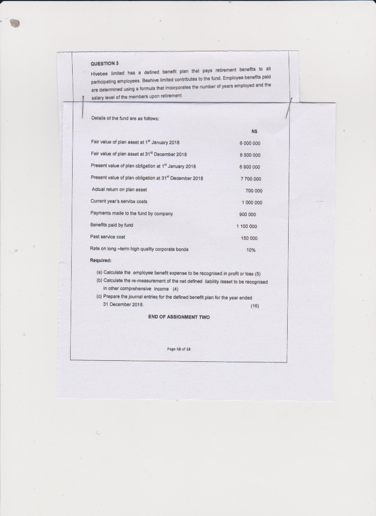 QUESTION 3 Hivebee limited has a defined benefit plan that pays