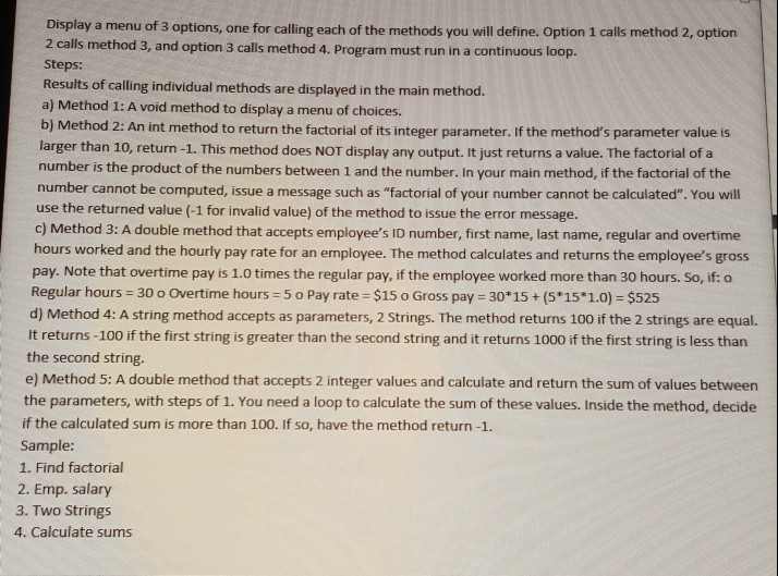 java Display a menu of 3 options, one for calling each