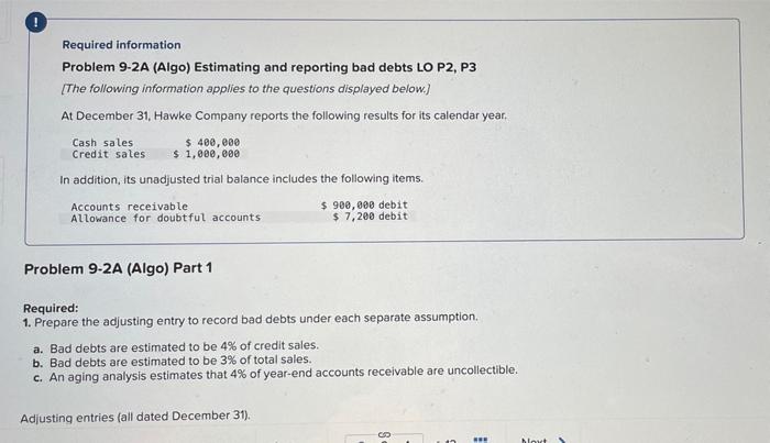  Required information Problem 9-2A (Algo) Estimating and reporting bad debts LO
