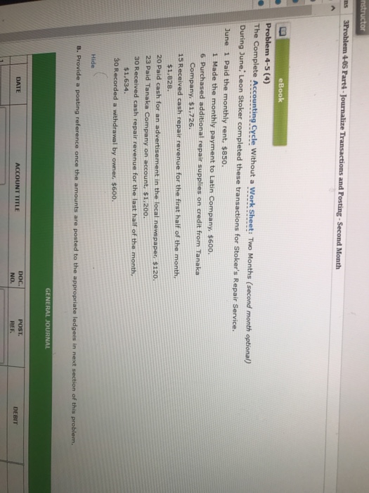  ms 3Problem 40s Part4-Journalize ons and Posting-Second Month eBook problem 4-5