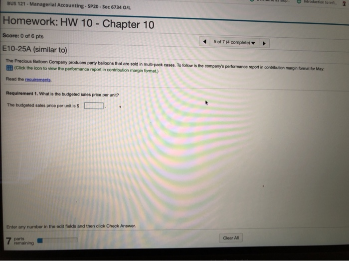  BUS 121 - Managerial Accounting - SP20 - Sec 6734 0/L