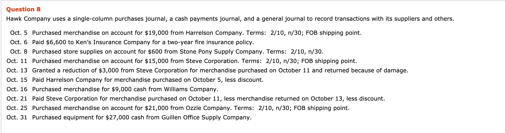  Question 8 Hawk Company uses a single-column purchases journal, a cash